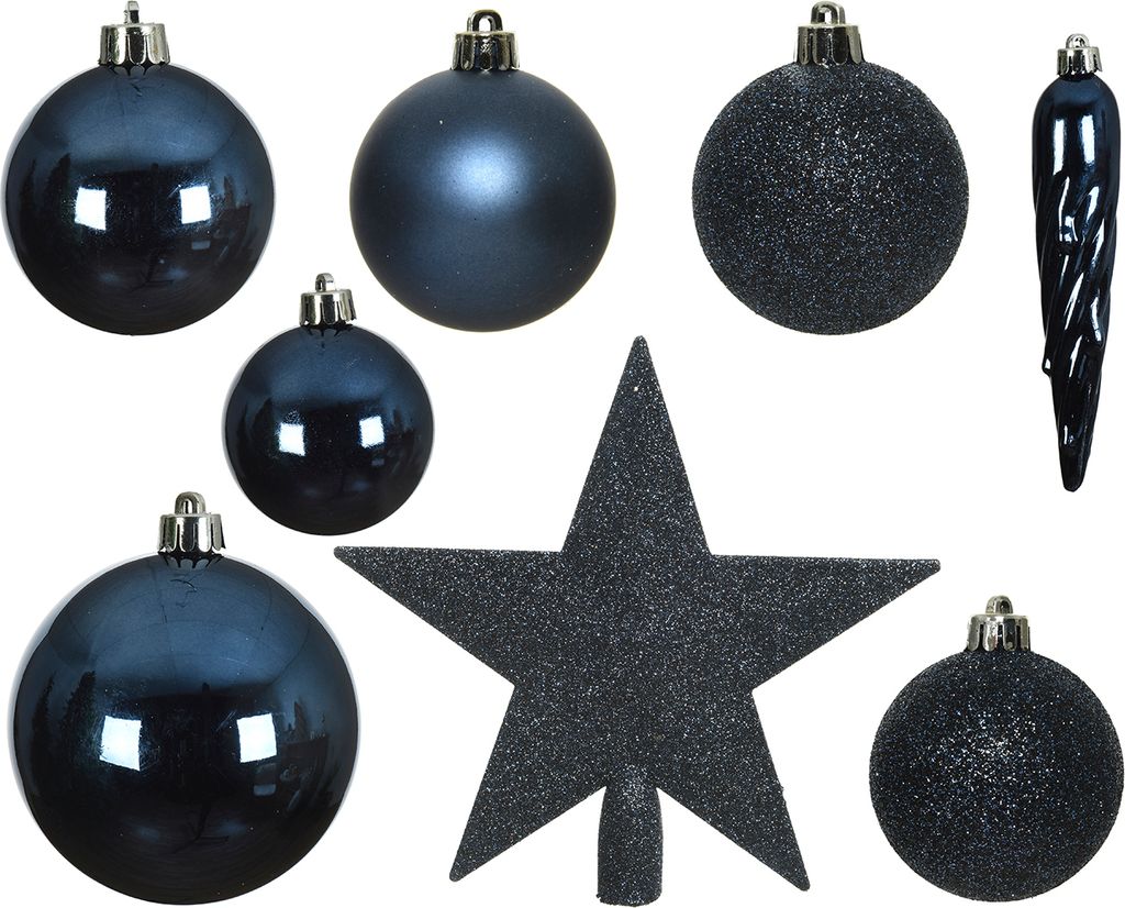 Weihnachtskugeln mit Christbaumstern Kunststoff 33er Set - Nachtblau