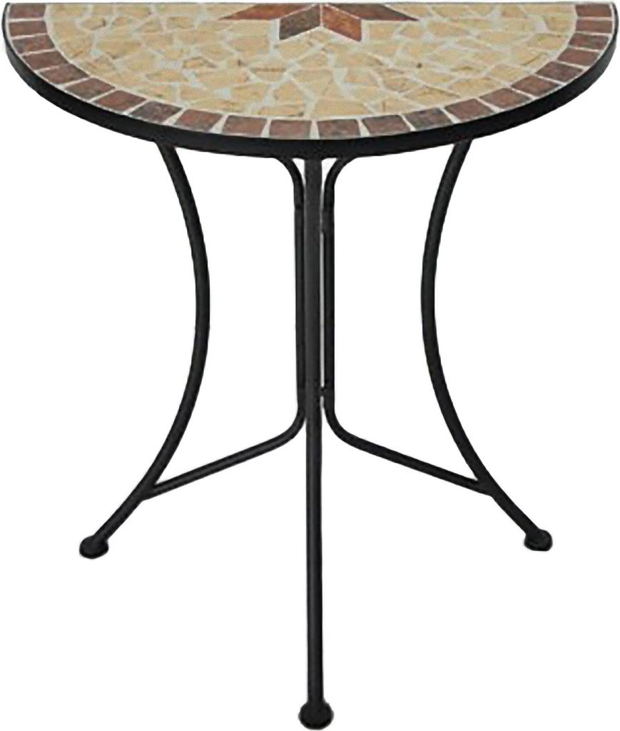 A half-round mosaic table with a star pattern on the tabletop and black metal legs, presented on a white background.