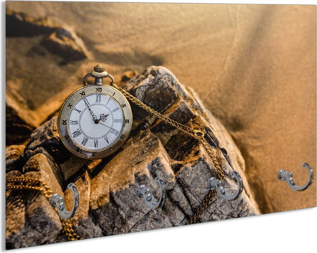 Wallario Schlüsselbrett aus Glas, Motiv: Alte Taschenuhr am Strand, 30 x 20 cm mit 4 Haken