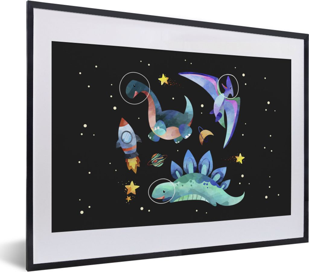 MuchoWow Gerahmtes Poster Sterne - Dinosaurier - Junge - Kinder - Kinder 40x30 cm - Poster mit Schwarzem Bilderrahmen Wandposter Rahmen Foto Bild...