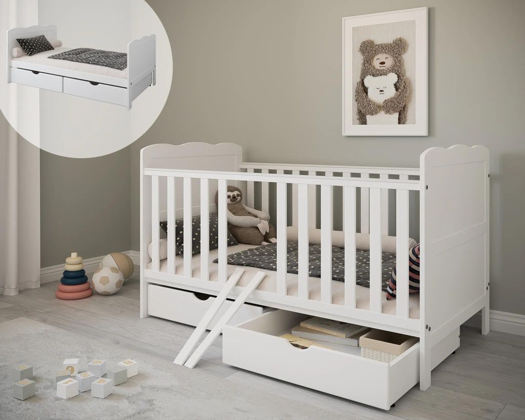 ZEE Babybett 140x70 ISABEL 2in1 Weiß mit 2 Schubladen Produktbild 