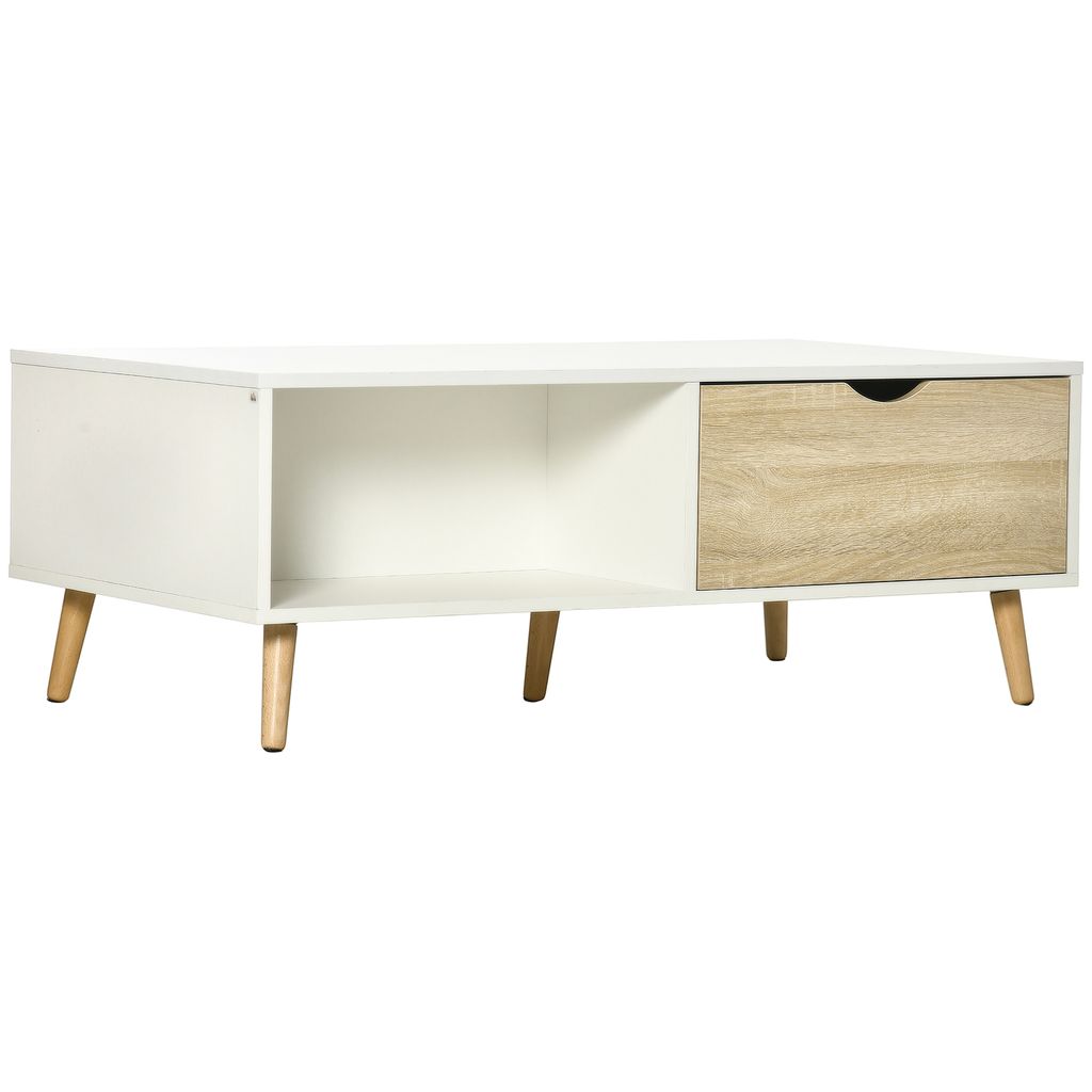 HOMCOM Couchtisch, Beistelltisch mit erhöhtem Design, Kaffeetisch, Sofatisch mit Schubladen und offenen Ablagefächern, Wohnzimmertisch, Weiß+Nat...