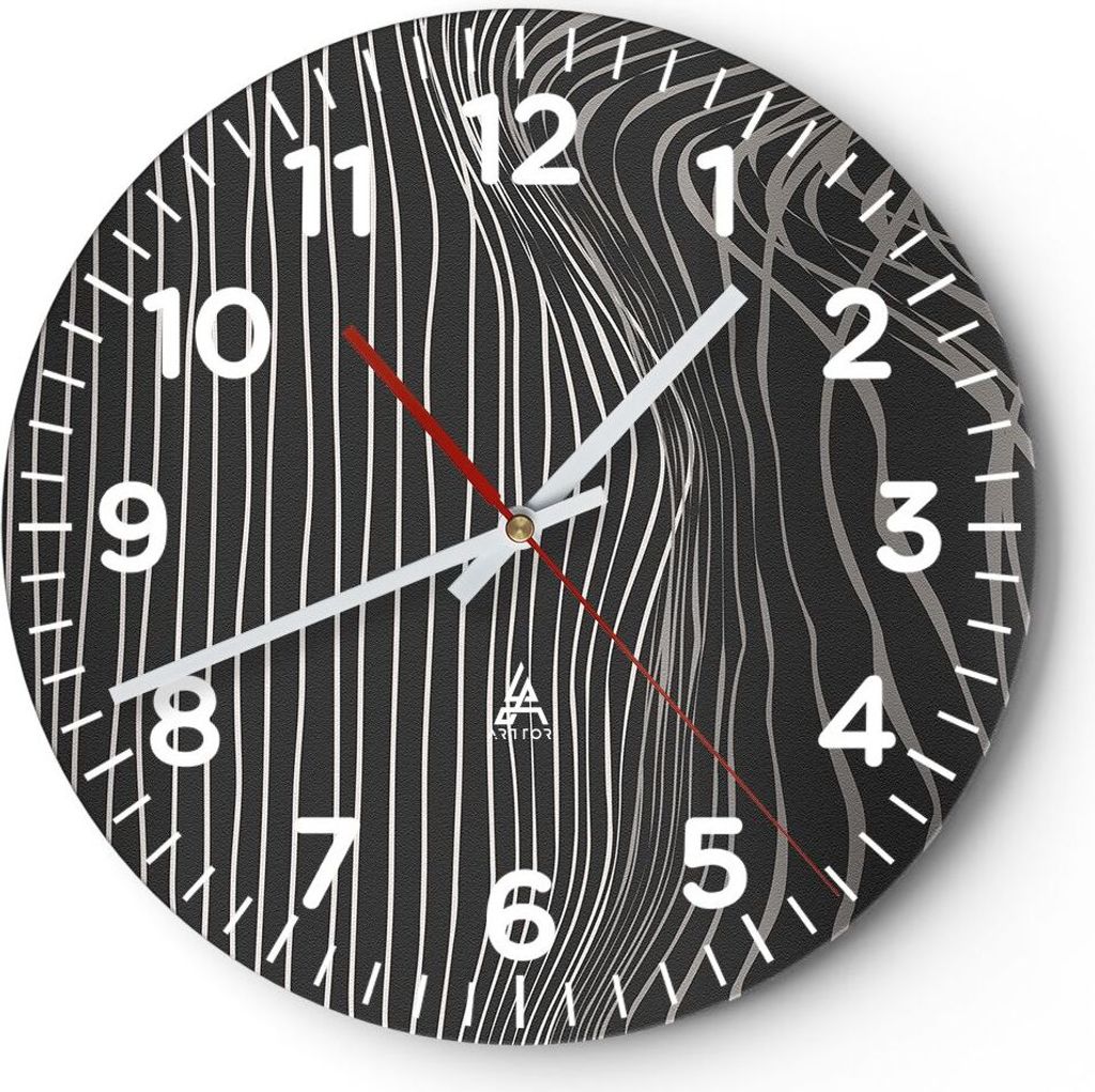 Wanduhr - Rund - Glasuhr - Abstraktion Streifen Schwarz und Weiß - 30x30cm - Schleichendes Uhrwerk - Lautlos - zum Aufhängen bereit - Dekoration ...