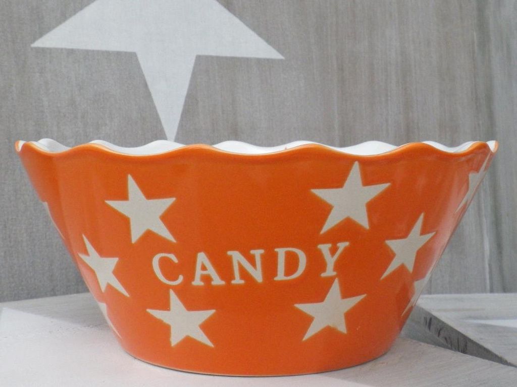 Krasilnikoff CANDY Schale ORANGE mit weißen Sternen Keramik Schüssel