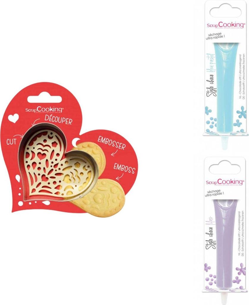Herz-Relief-Plätzchen-Set + 2 pastellblaue und fliederfarbene Schokoladenstifte