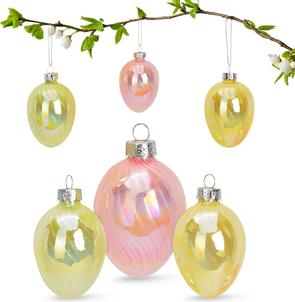 Glas-Ostereier Frühlingsschimmer, 199_Bitte wählen:6er Set - 4x6 cm & 5x8 cm, 200_Farbe:Glaseier - Gelb / Rosa / Grün
