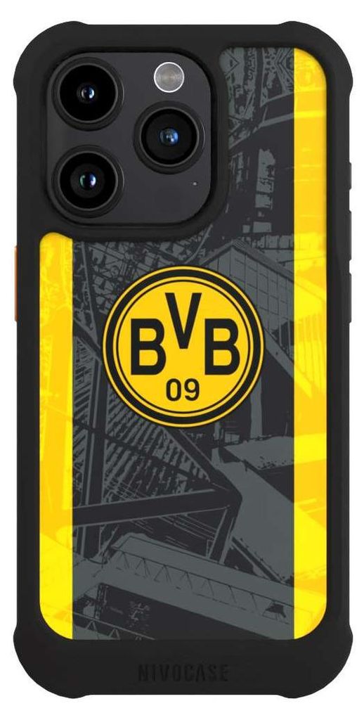 NIVOCASE Hülle für Apple iPhone 15 Pro Stoßfeste Handyhülle NIVOmax Case Schwarz BVB Borussia Dortmund Stadion