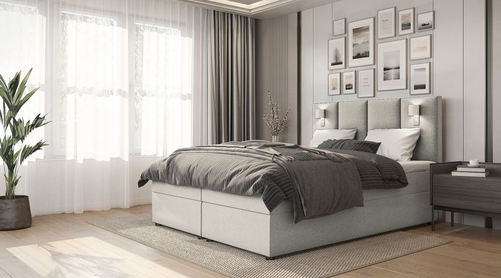 SALES LEADER Boxspringbett LONDON 120x200 cm Polsterbett mit zwei Bettkästen, Komplett-Set mit Matratze und Topper (4cm), Beige, Bett Stoff INARI 22