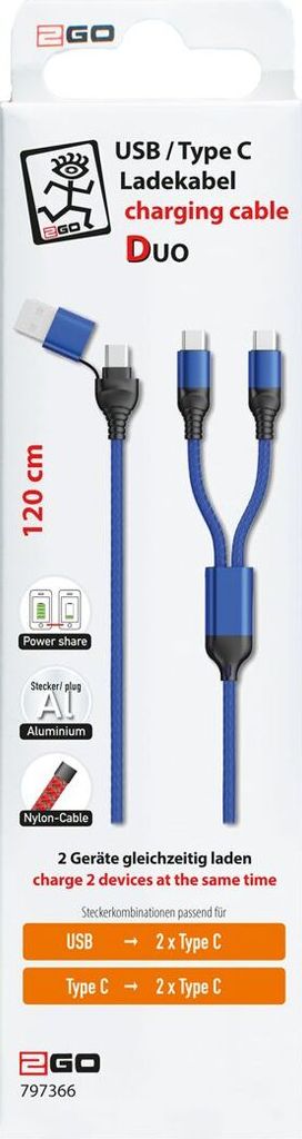 2GO USB / Type C Ladekabel DUO 2x USB-C Nylon 1,2m blau