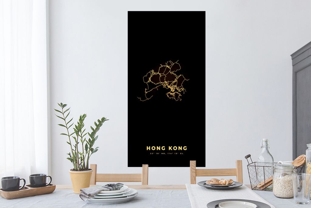 MuchoWow Wandtattoo Wandsticker Wandaufkleber Hongkong - Karte - Schwarz - Gold 60x120 cm Selbstklebend und Repositionierbar - Selbstklebend - Fo...