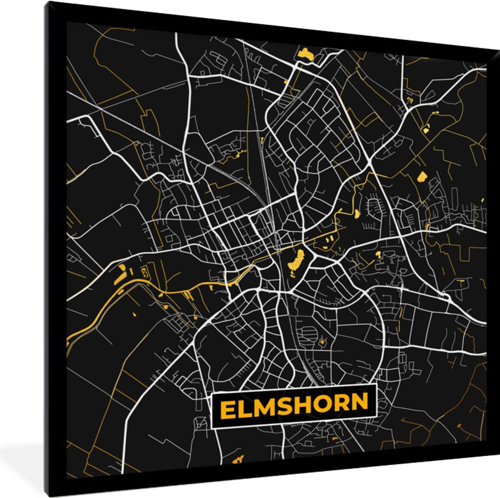 MuchoWow Gerahmtes Poster Elmshorn - Stadtplan - Gold - Karte - Deutschland 40x40 cm - Poster mit Schwarzem Bilderrahmen Wandposter Rahmen Foto B...