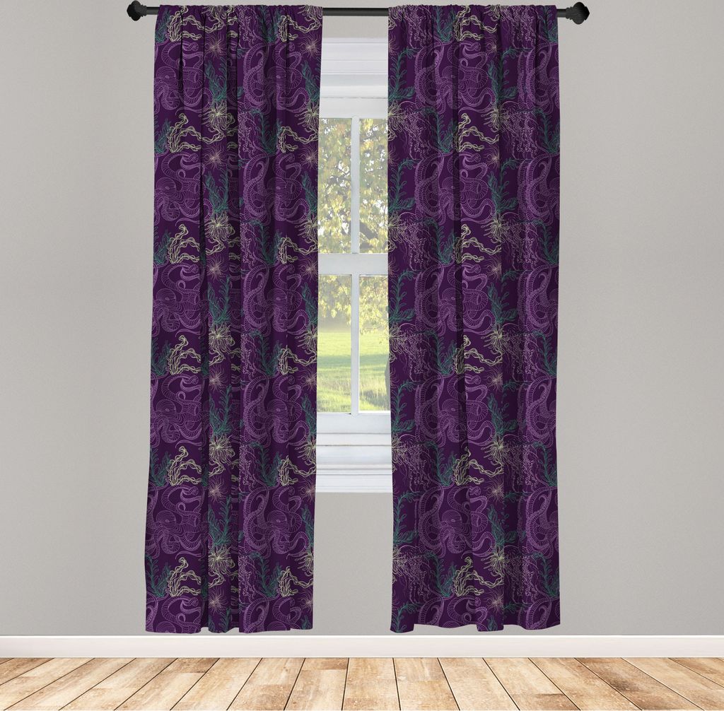 ABAKUHAUS Tintenfisch Vorhänge, Gardinen, Kunst-Muster mit Kraken-Quallen-Meerespflanzen und Meerespflanze, 2 Stück 75 x 175 cm, , Dark Purple He...