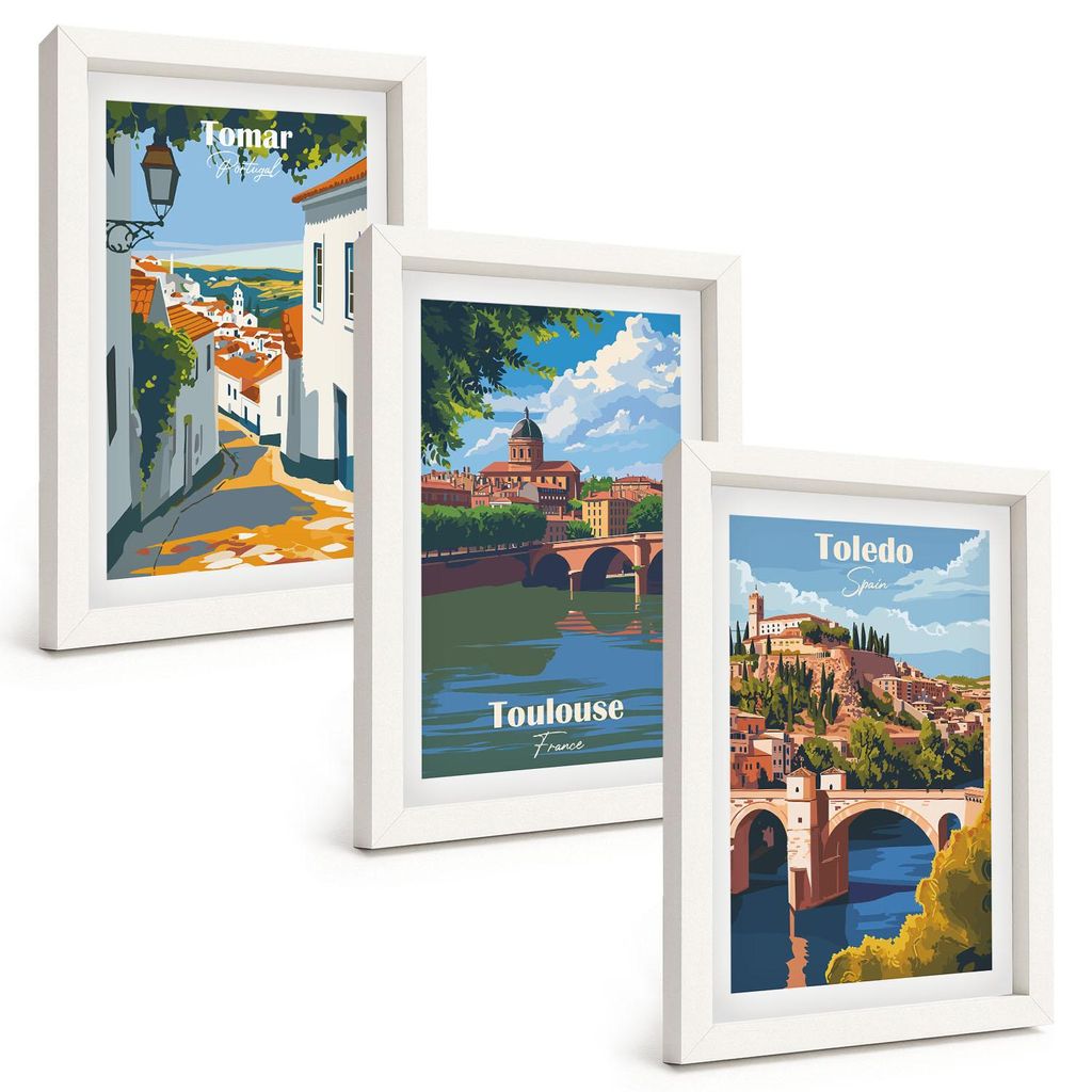 Bilder Set 3-teilig im weißen Rahmen – Wandbilder 3 Stück – gerahmte Poster für Wohnzimmer, Schlafzimmer und Flur – 20x30 cm – Retro-Sta...