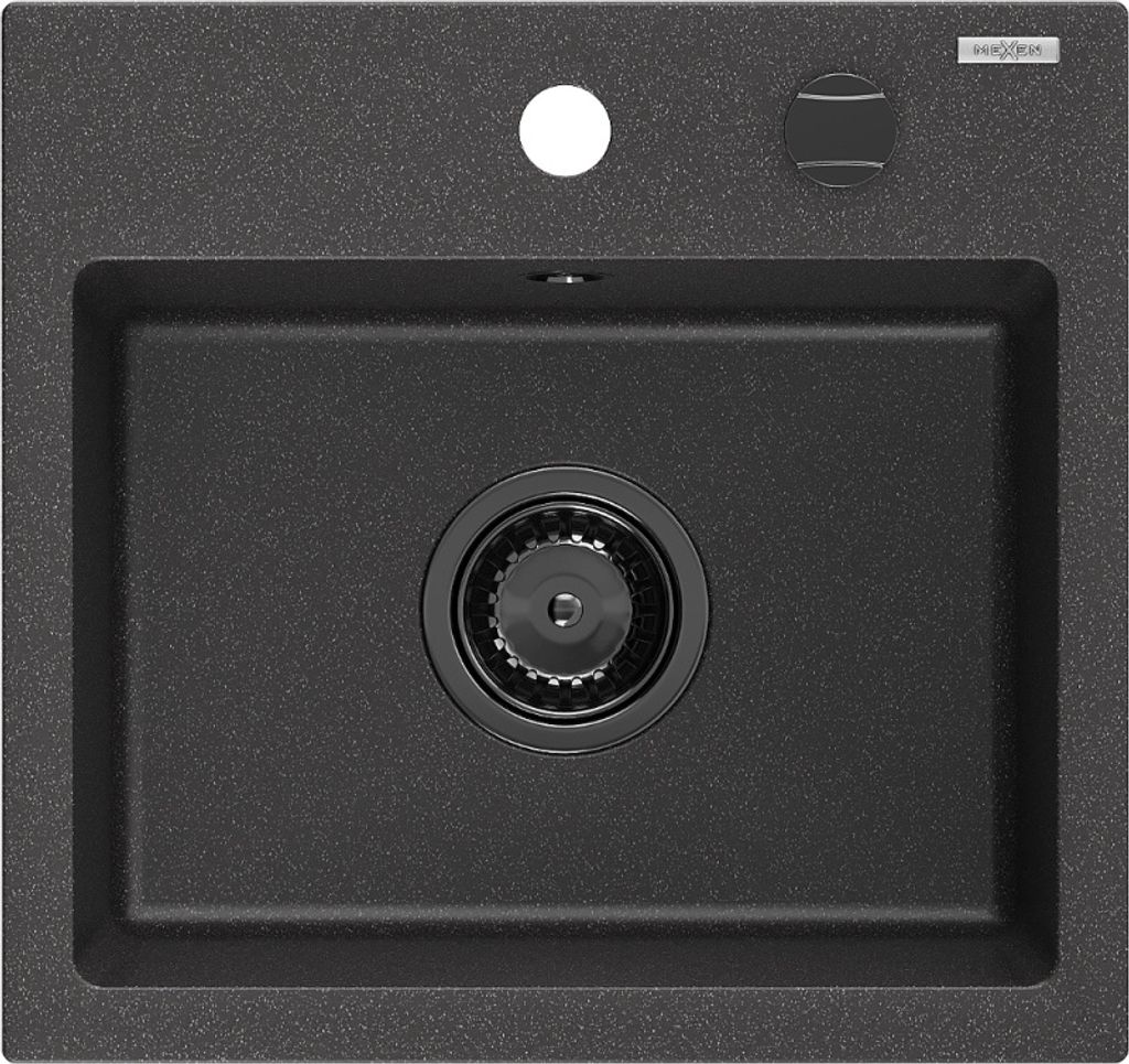 Mexen Milo 1-Becken-Granit-Spüle 435 x 410 mm, Schwarz gesprenkelt, Siphon Schwarz - 6505441000-76-B