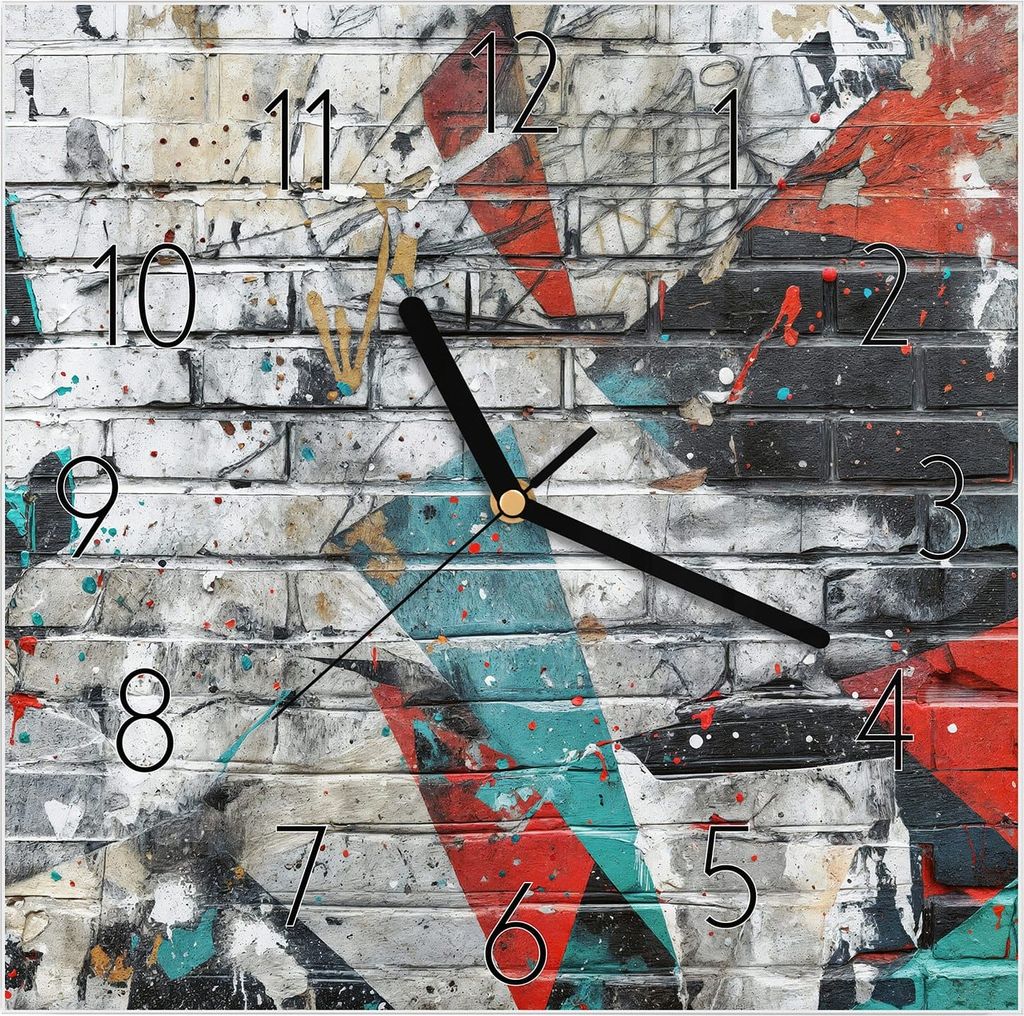 Wanduhr aus Glas mit Motiv Graffiti Mauer- 30 x 30 cm - inkl. Aufhängesystem