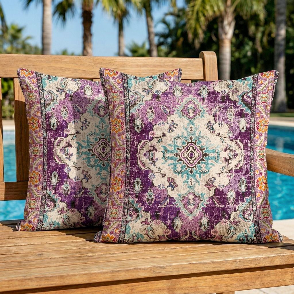 Set aus 2 wetterfesten Outdoor-Kissenbezügen 40x40 cm, Vintage-Lila, für Sofa, sommerliche Leinen-Dekokissen mit doppelseitigem Muster für Sofa,...