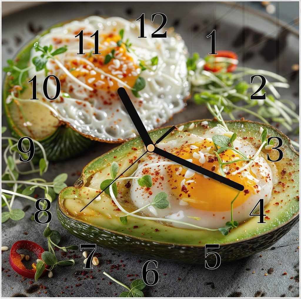 Wanduhr aus Glas mit Motiv Avocado Frühstück- 30 x 30 cm - inkl. Aufhängesystem