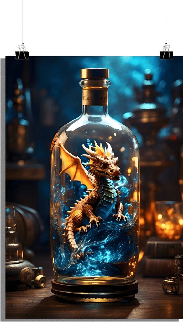 Drachen Poster - Flaschen Poster - Fantasie Poster - Stilvolles Poster - Magisches Poster - 61x91cm - Perfekt zum Einrahmen