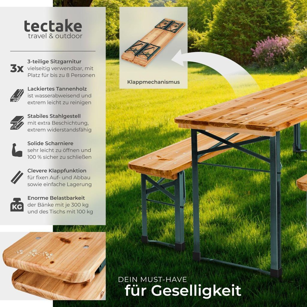 tectake Bierzeltgarnitur 3-teilig Klappbar Tannenholz für 8