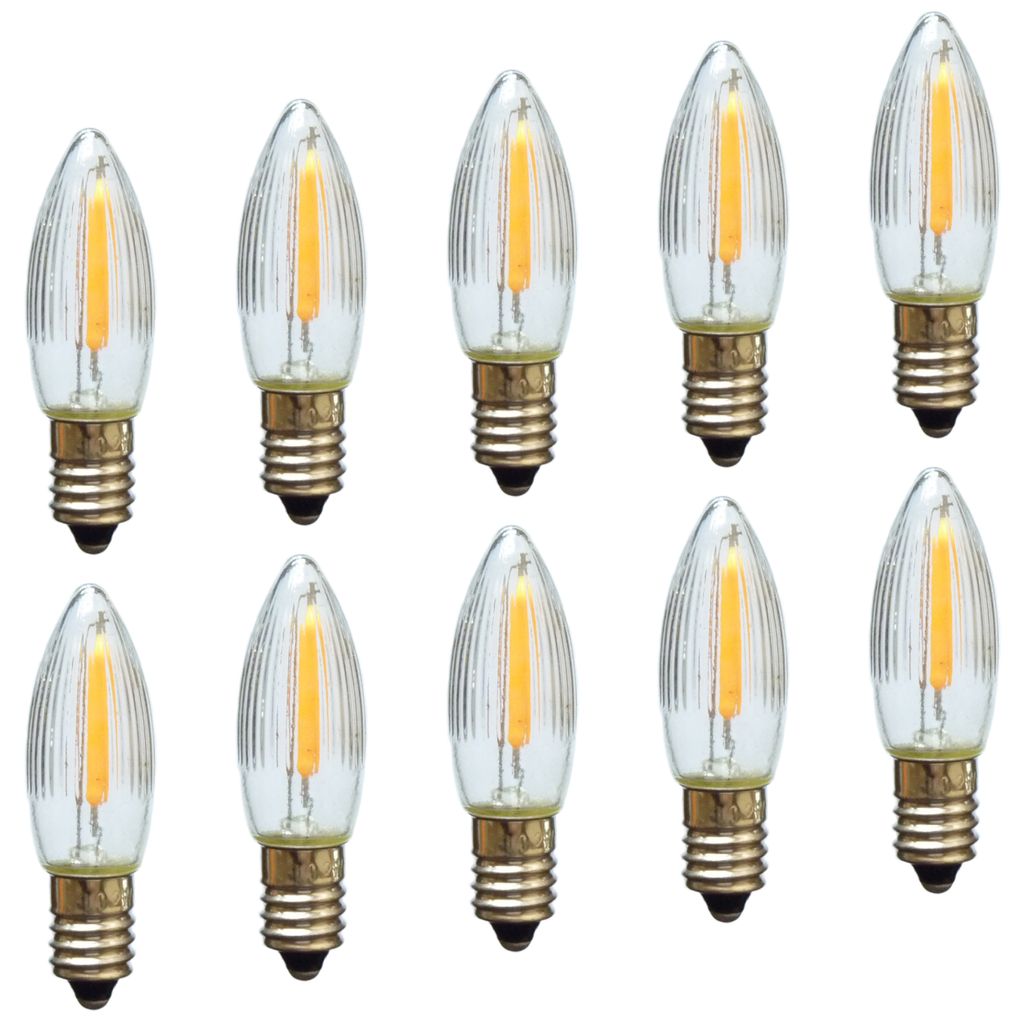 A collection of ten LED filament candle bulbs arranged in two rows against a white background.