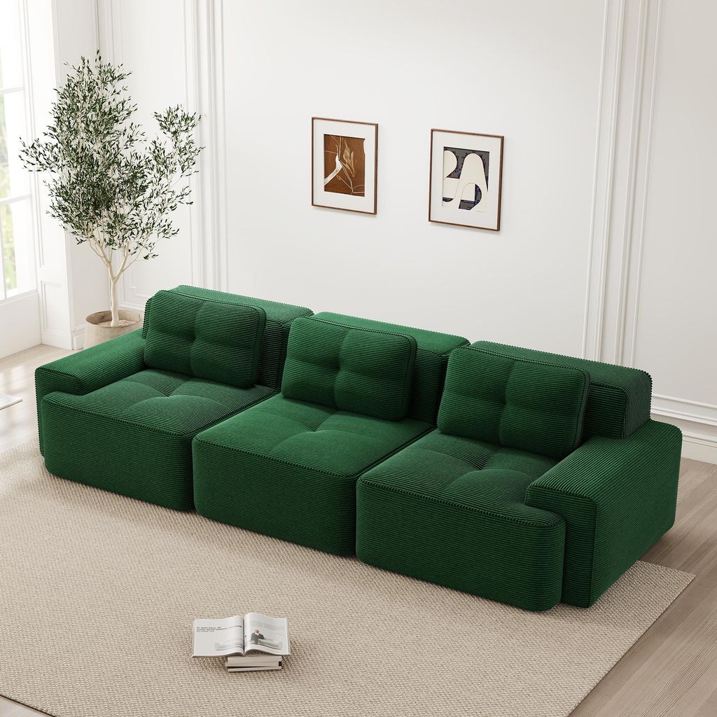Modulsofa, Boneless Sofa, Modulares Ecksofa, Überdimensionales Modulares Cloud-Sofa, Corduroy-Sofa, 3-Sitzer Tiefsitz Sofa, Montagefreies Sofa, Grün
