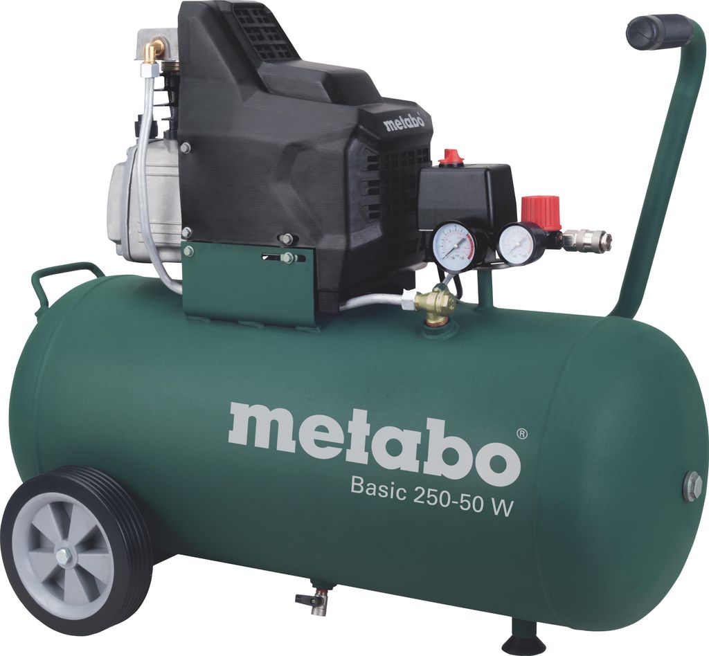 A Metabo Basic 250-50 W air compressor is shown against a white background.