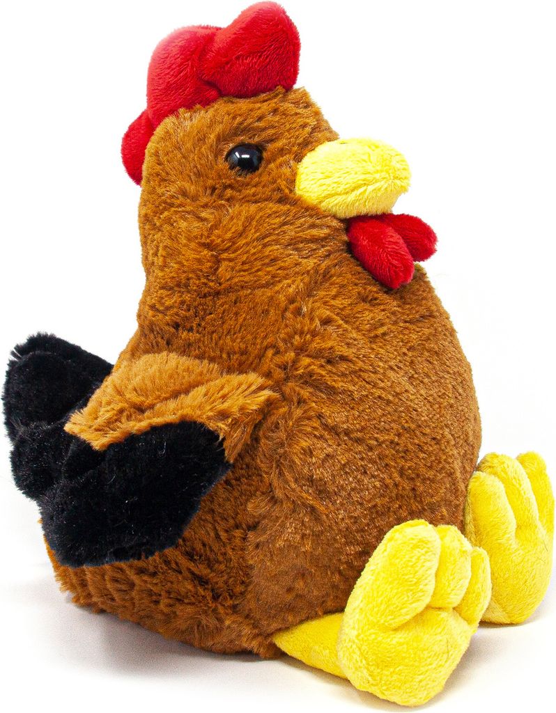 A plush toy chicken sitting on a white background.
