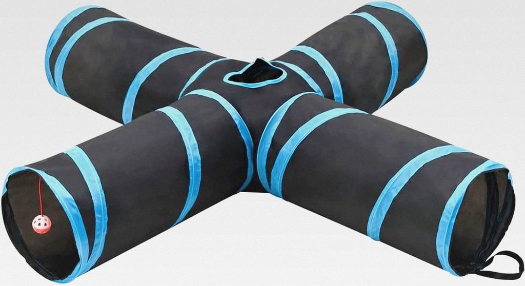 Katzenklettertunnel 4-Wege Schwarz/Blau 132 cm - Faltbar für Indoor/Outdoor - Mit Knisterpapier und Spielball - Geeignet für Katzen, Hunde, Kanin...