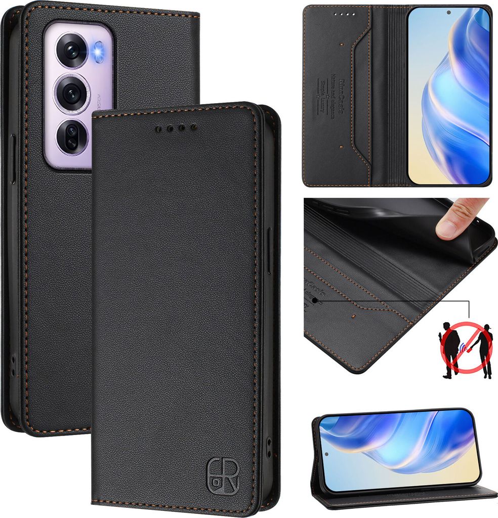 Lederhülle für Oppo Reno12 Pro Hülle Flip Brieftasche Kartenfächern Ständer Schutzhülle Schwarz