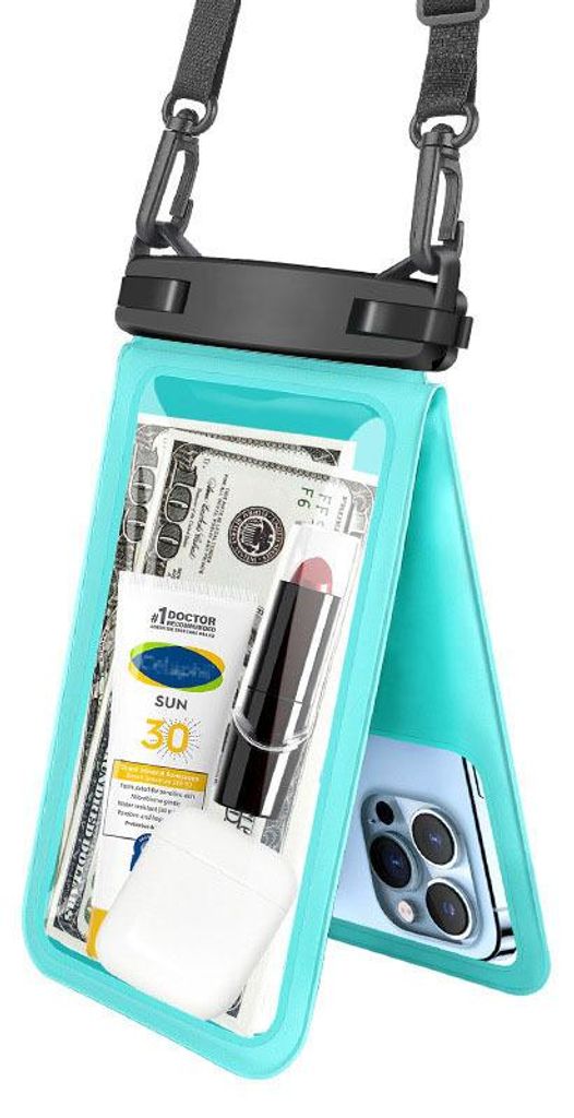 Wasserdichte Smartphone-Tasche mit großem Doppelstauraum, ideal zum Schwimmen, Tauchen und Rafting,Cyan,15.5*24.5cm