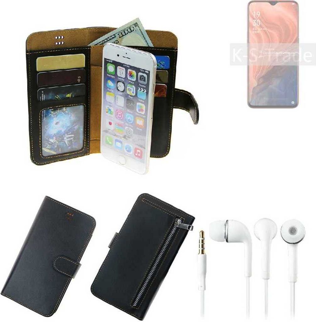 TOP SET Handy Hülle Schutz Hülle kompatibel mit Oppo Reno Z Helio P90 schwarz aus Kunstleder + Kopfhörer Smartphone Tasche vollwertige Geldbörse