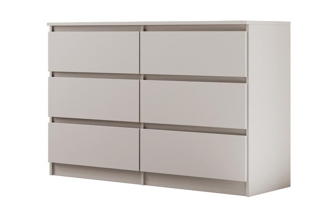 A light gray dresser with six drawers against a white background.