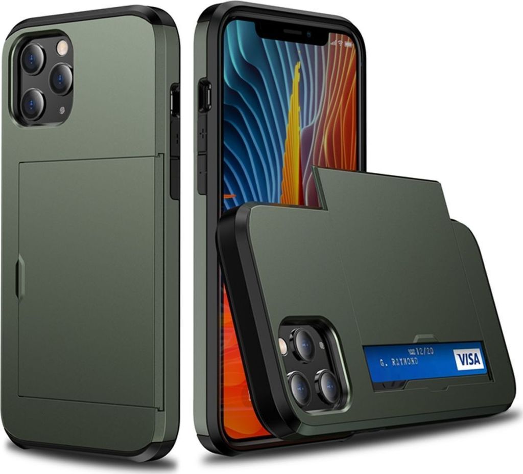 Mobigear Card iPhone 12 Pro Hülle Hardcase Backcover Stoßfest mit Kartenhalter - Armeegrün