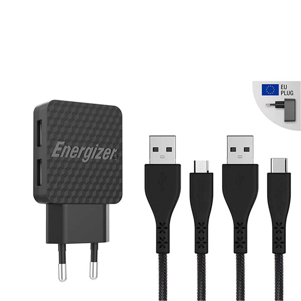 Energizer HardCase - Caricatore di rete 2x USB-A 12W + cavo USB-C e Micro-USB (nero)