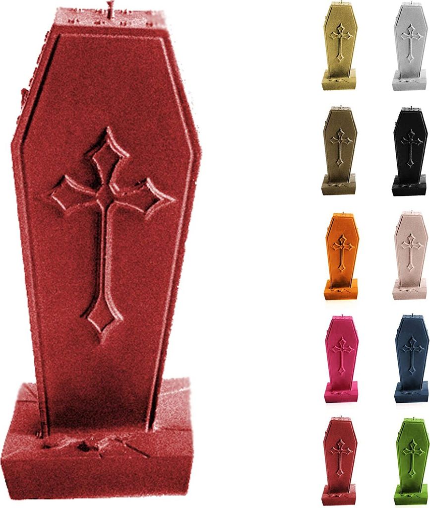 Candellana Kerze Sarg mit Kreuz - Höhe: 17 cm - Brennzeit 35h - Halloween - Handgefertigt in der EU - Rot