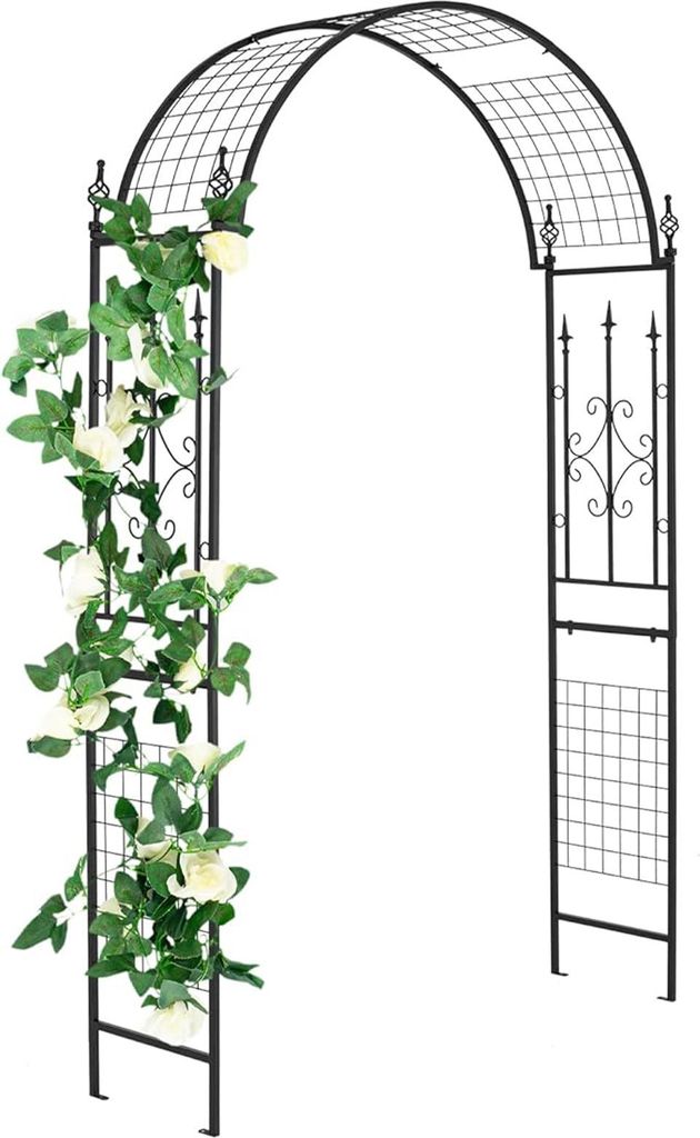 Gartenbogen aus Metall, elegantes Stützspalier mit 4 Bodenpfählen, schicken Musterdekorationen & Bogenspitze, Schwarz, 143 x 40 x 234 cm