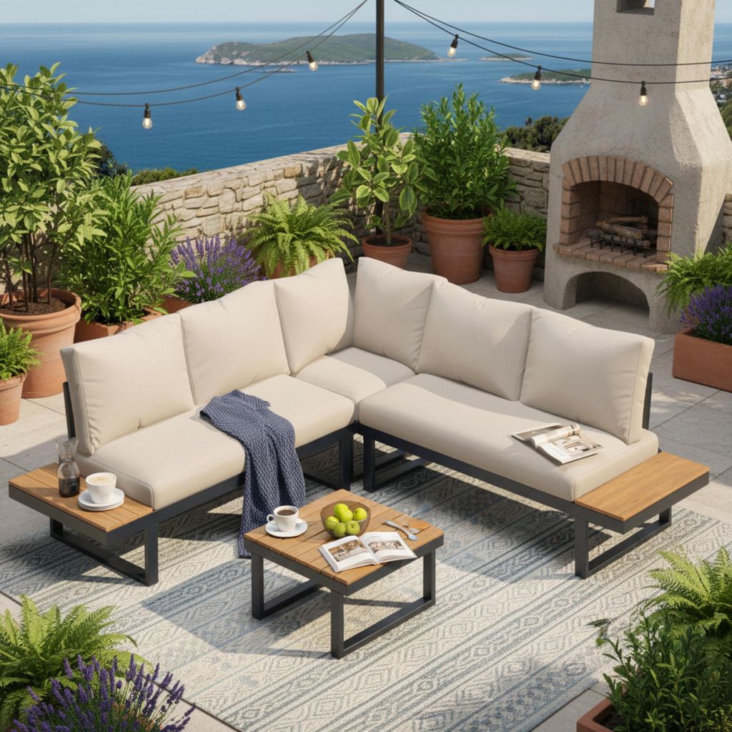 Abrihome Gartenmöbel Set für 5 Personen, Garten Sitzgruppe mit Couchtisch, Eckposition mit Winkel-Liegefunktion, Beige