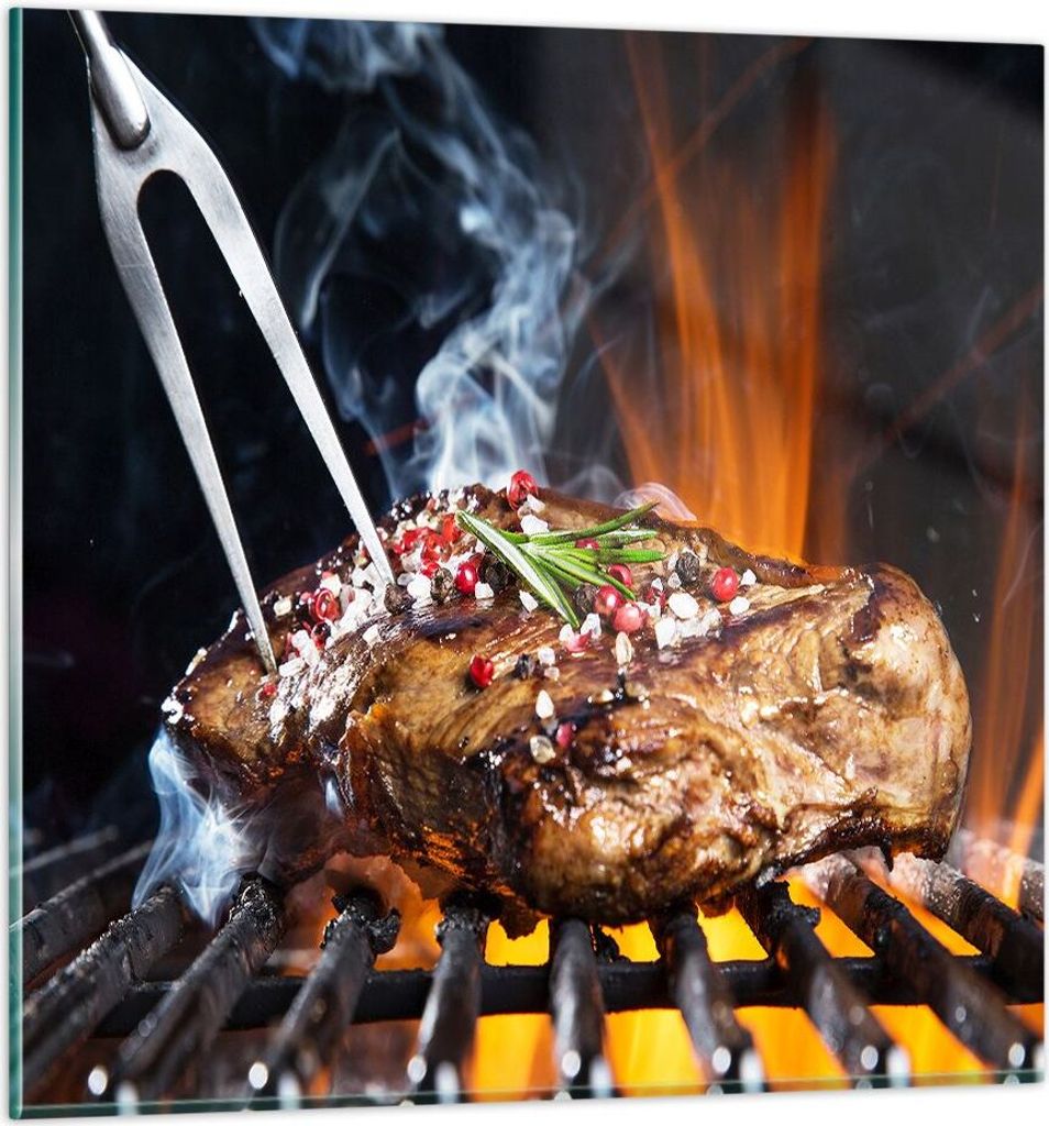 Bilder auf glas - Steak Grill Flammen Essen - 60x60cm - Glasbilder - Wandbilder - Kunstdruck - zum Aufhängen bereit - Wanddekoration aus Glas - Gl...