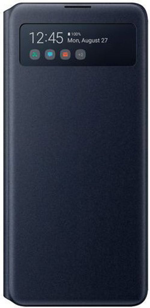 A dark blue book-style phone case with a transparent window showing the phone's screen.