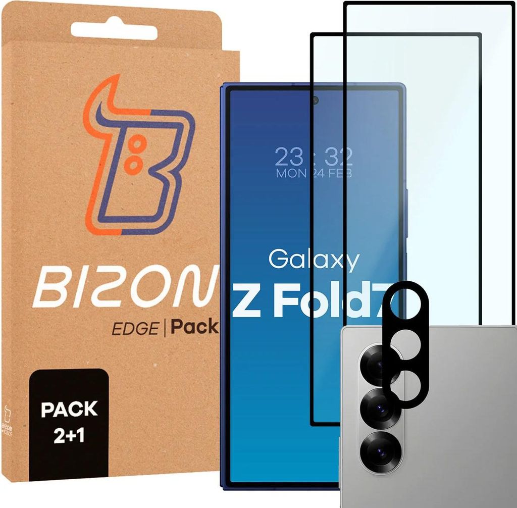 A product shot featuring packaging, a smartphone, and screen protectors.