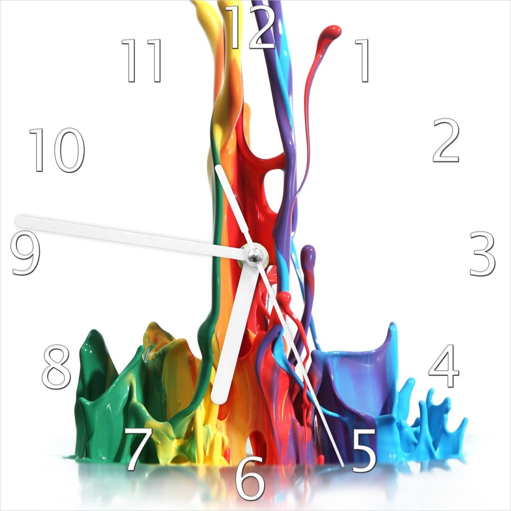 Wallario Design Wanduhr Farbklecks von links - Bunte Farben auf Abwegen aus Echtglas, Größe 20 x 20 cm
