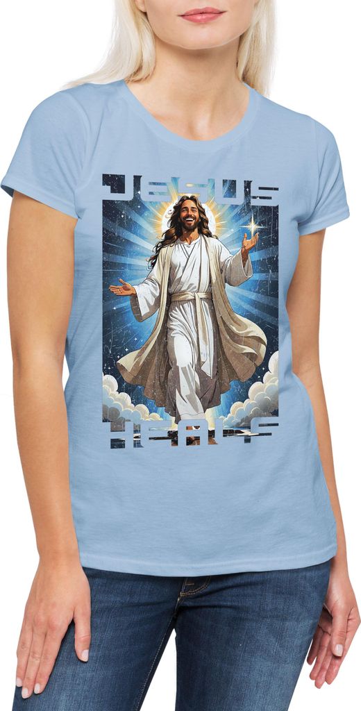 Urban Backwoods Jesus Heals, Damen T-Shirt, Farbe: Hellblau, Größe: L