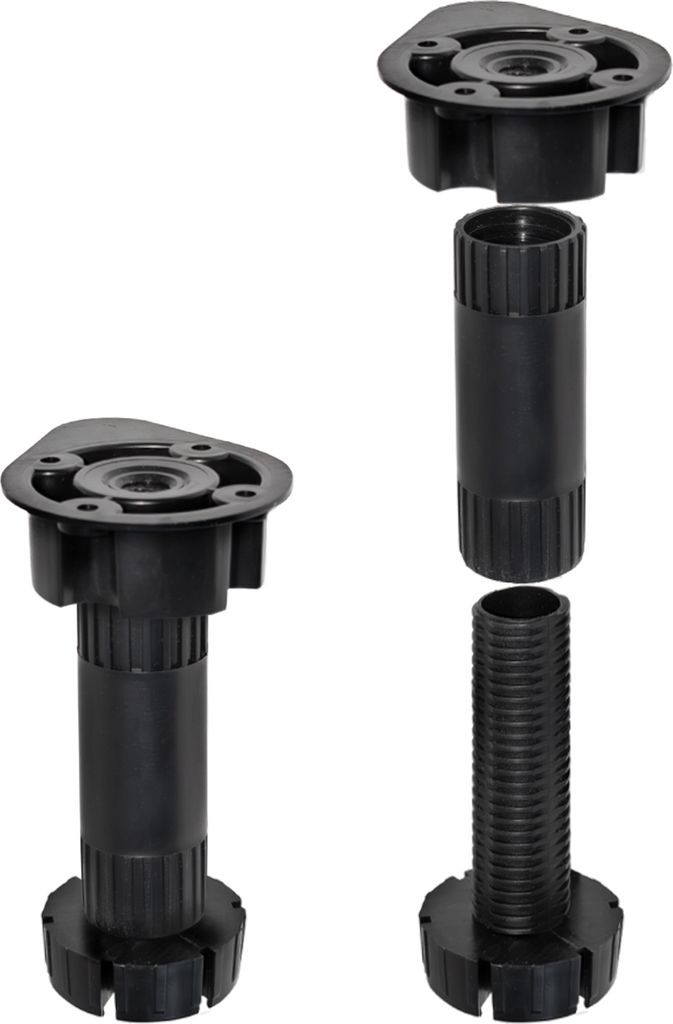 Two sets of adjustable furniture legs are shown against a white background. One set is assembled, and the other is disassembled.