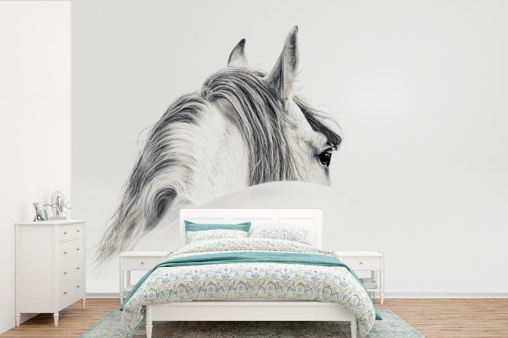 MuchoWow Fototapete für Wohnzimmer oder Schlafzimmer Wandtapete Vinyl Motivtapete Pferd - Weiß - Grau - 420x280 cm - Zimmer für Kinder