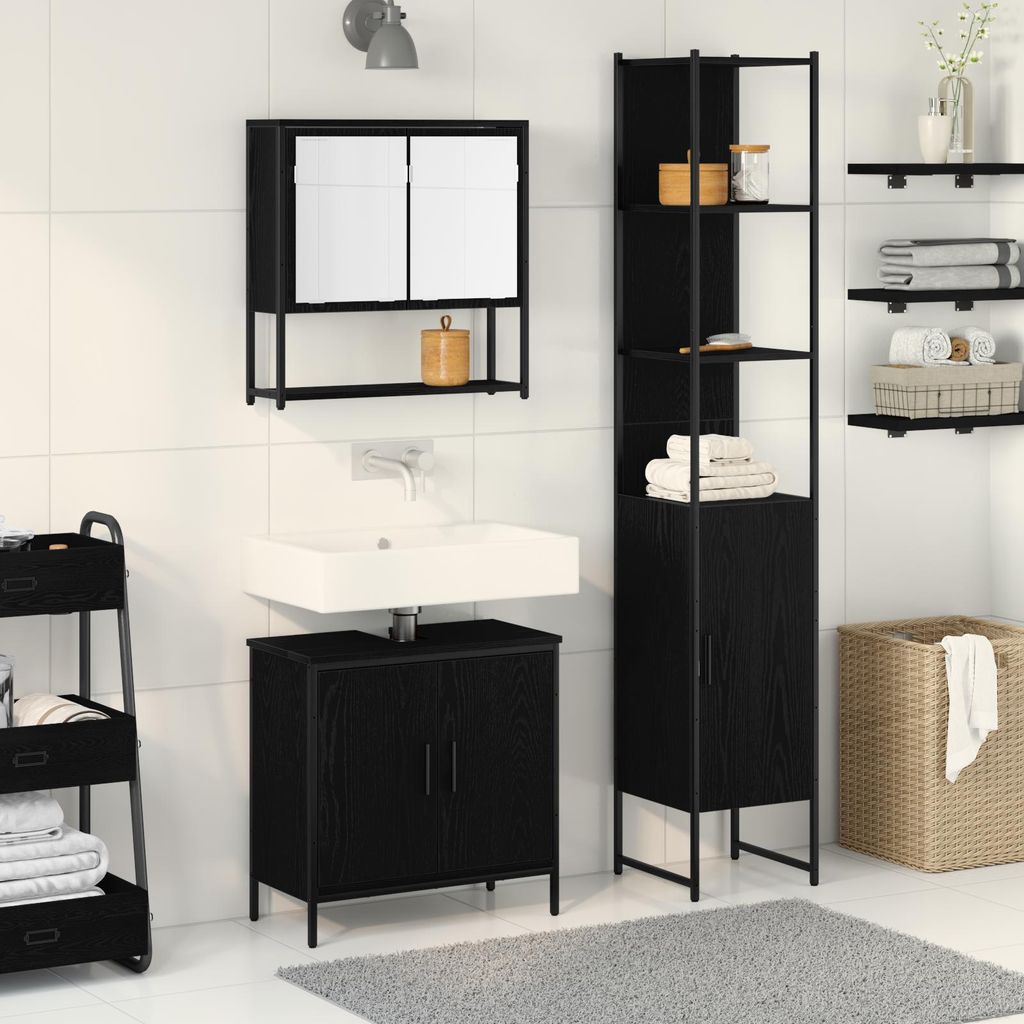 Badezimmermöbel-Set mit Regal 3 pcs Schwarz Holzwerkstoff