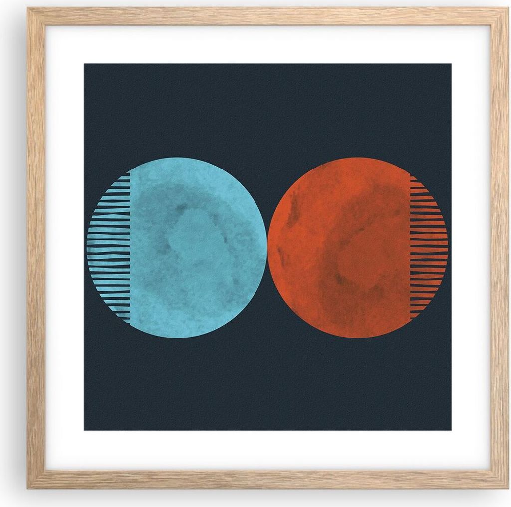 Gerahmtes Poster - Rahmen in heller Eiche - Abstraktion Blau Rot - 40x40 cm - Wand Bild - Wanddeko - Wandbilder - Kunstposter - Wandposter - Bilder...