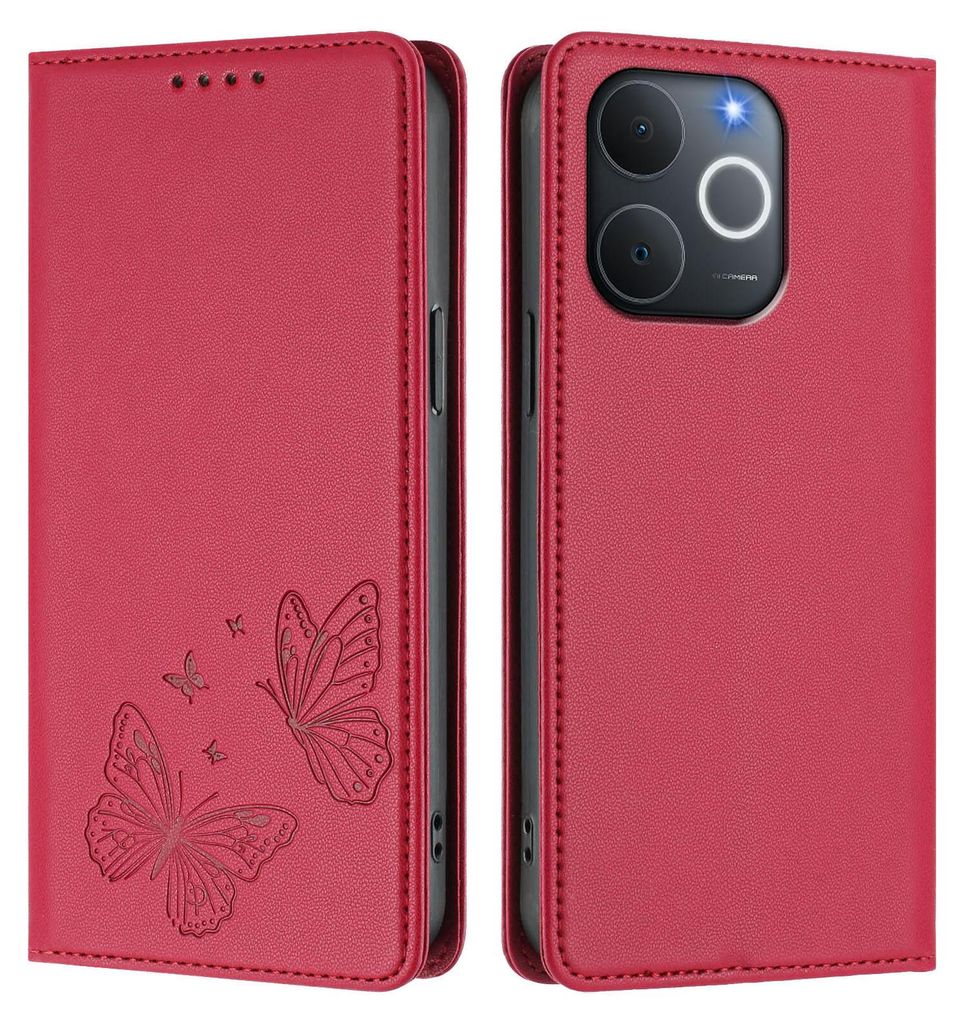 Lederhülle für Realme Note 70/Note 70T/Narzo 80 Lite 4G, Schmetterling Prägung Leder Brieftasche Schutzhülle mit Ständer Rot
