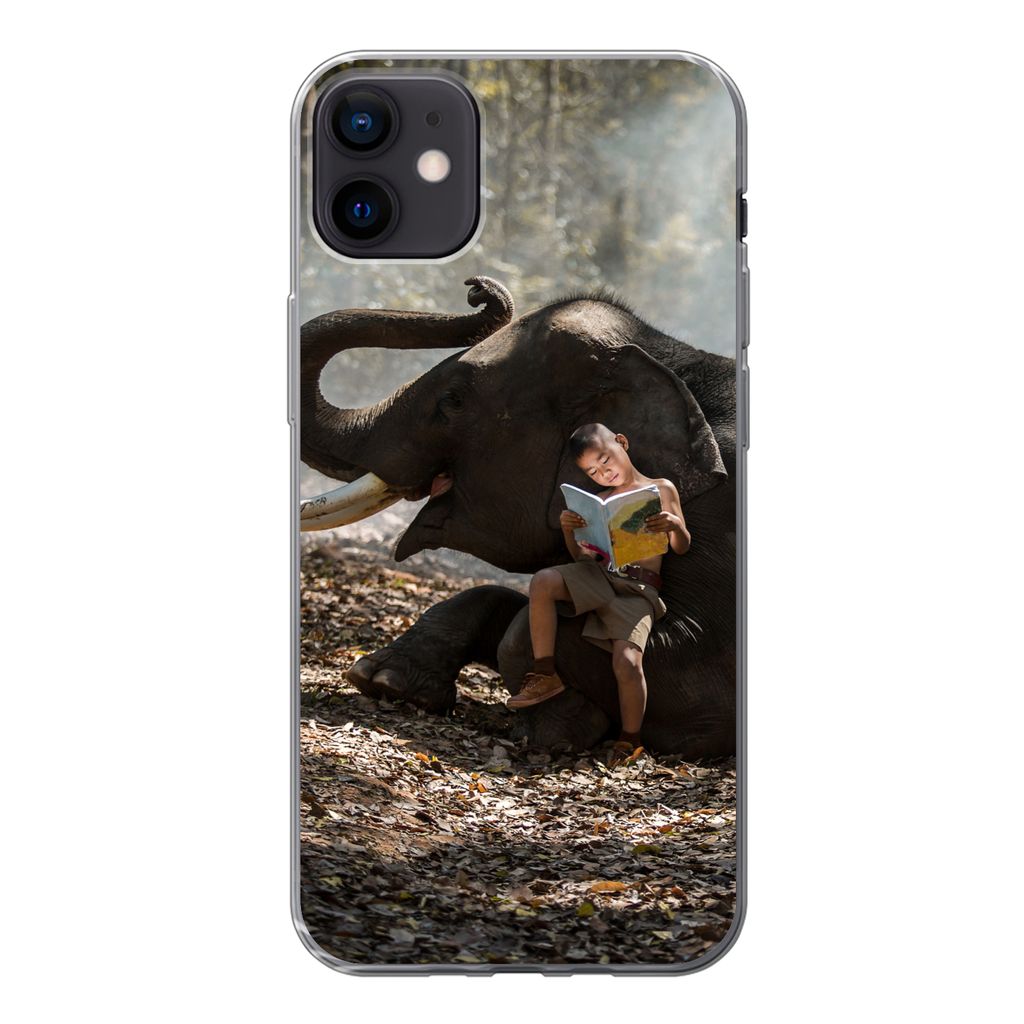 MuchoWow Handyhülle Schutzhülle Hülle für iPhone 12 mini Elefant - Junge - Buch - Wald - Tiere - Natur Silikon Softcase Handy Hülle - Bild