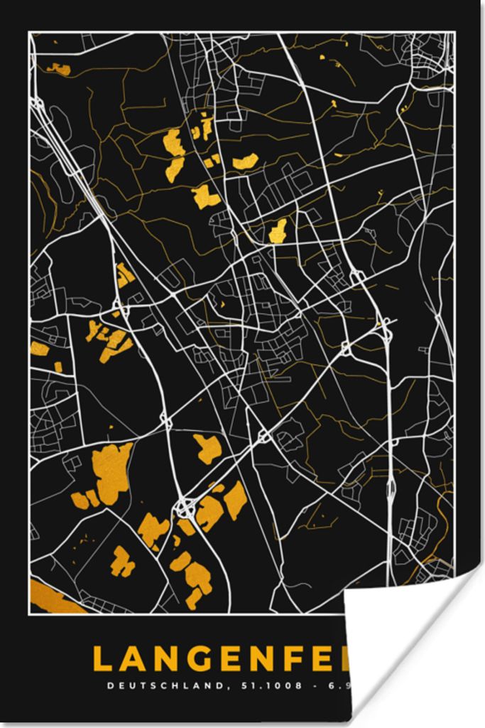 MuchoWow Poster Schwarz und Gold - Stadtplan - Langenfeld - Deutschland - Karte 120x180 cm - Kunstposter