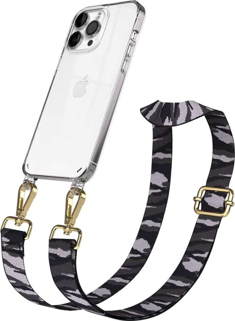 EAZY CASE Handykette - Verstellbarer Trageriemen kompatibel mit Apple iPhone 14 Pro Max, Handykordel mit transparenter Silikon-Hülle, Karabiner Go...